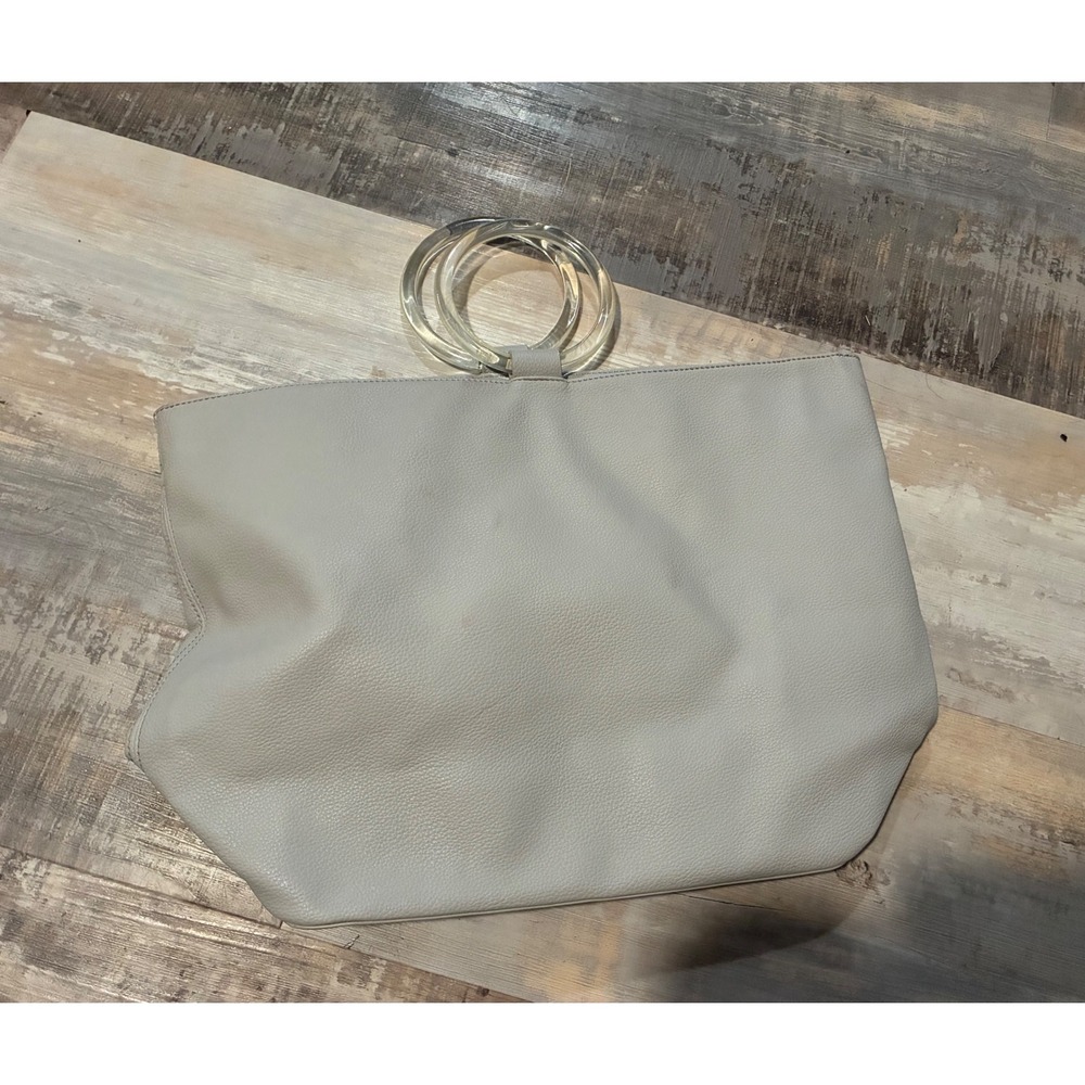 French Connection Light Grey Pebbled Tote Bag Clear Acrylic Ring Handles Pouch